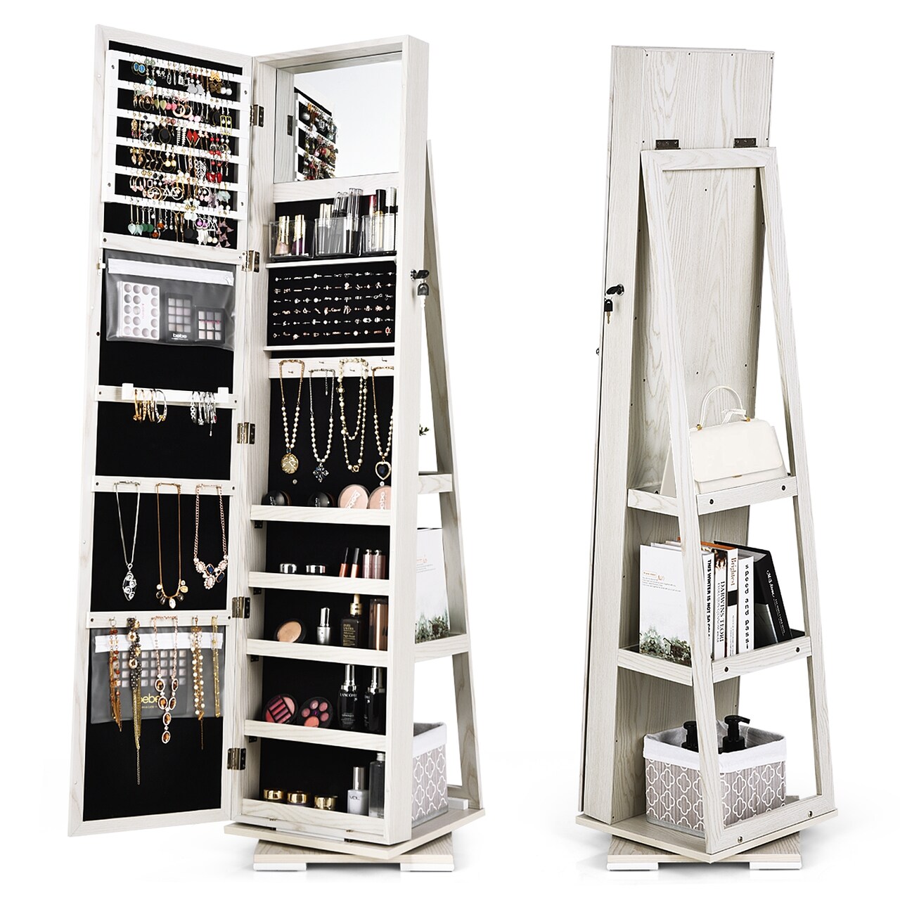 360° Rotatable Armoire 2-in-1 Lockable Mirrored Jewelry Cabinet